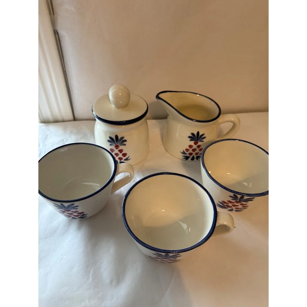 NS Gustin Co Pineapple Creamer Sugar Set with 3 Mugs Hand‎ Decorated Made in USA
